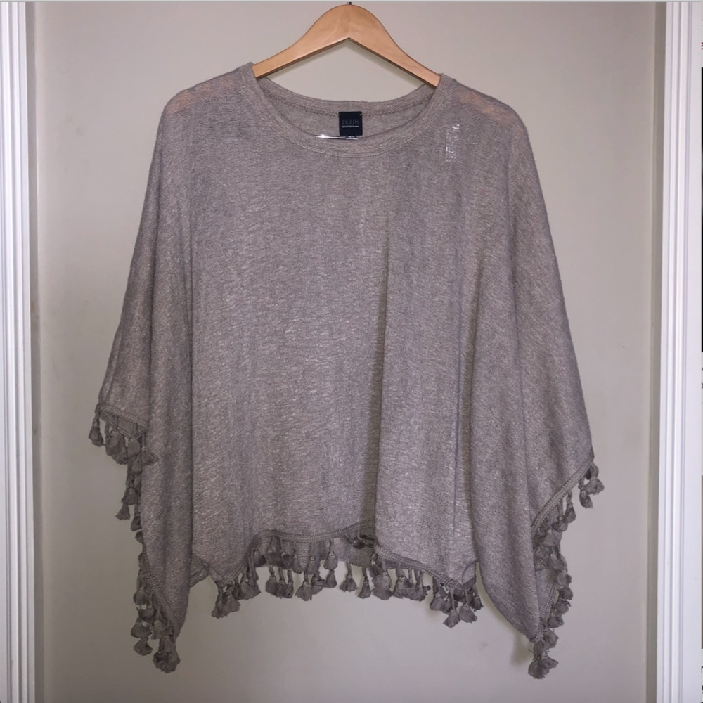 Tan Lightweight Short Sleeve Sweater, Tassels- OS
